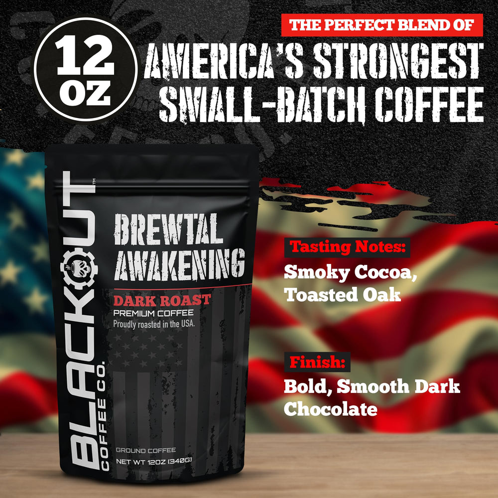 Steaming cup of Brewtal Awakening signals bold flavor and caffeine kick.