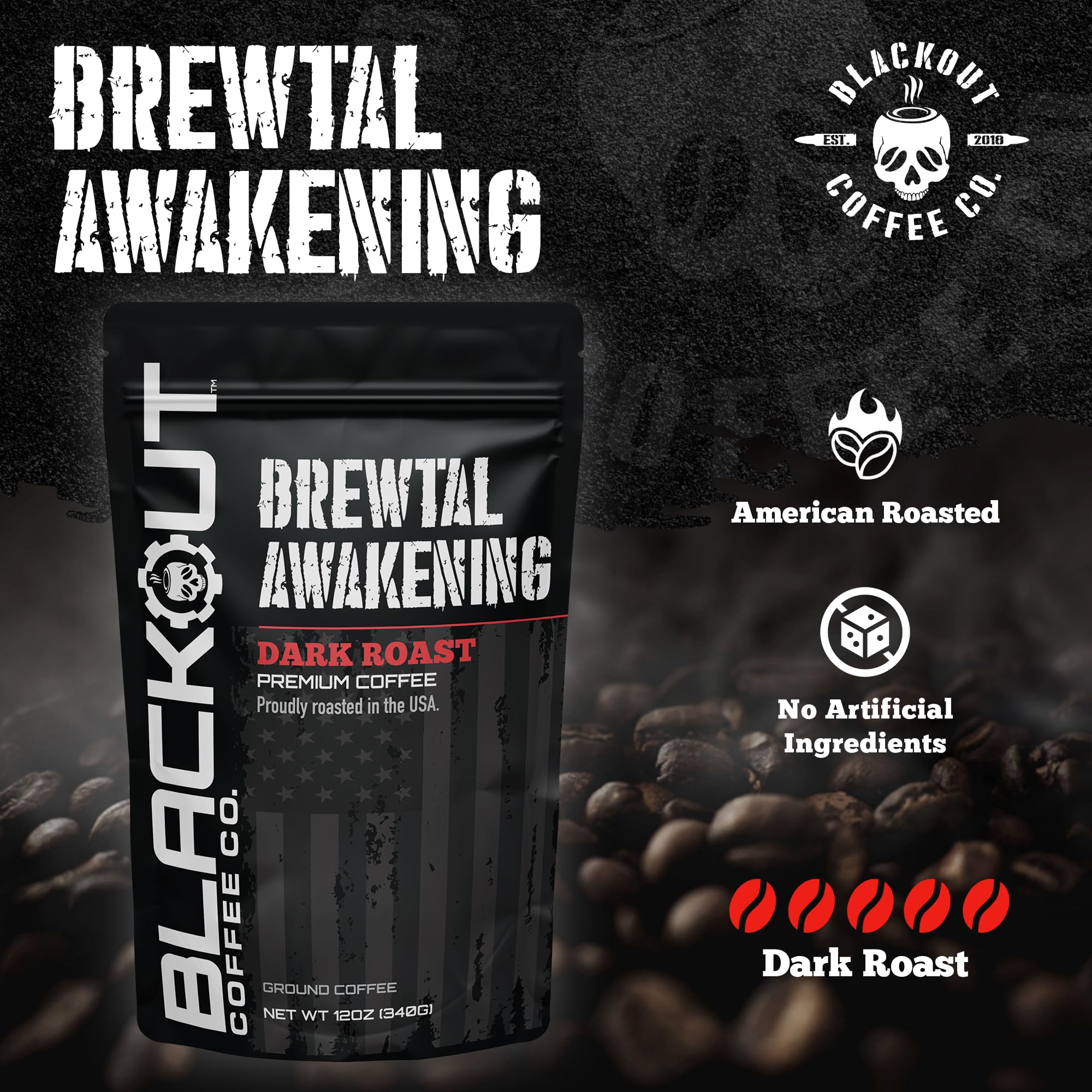 Ground Brewtal Awakening coffee ready for easy drip, pour-over, or French press brewing.