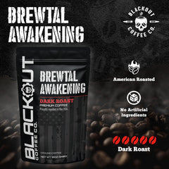 Ground Brewtal Awakening coffee ready for easy drip, pour-over, or French press brewing.