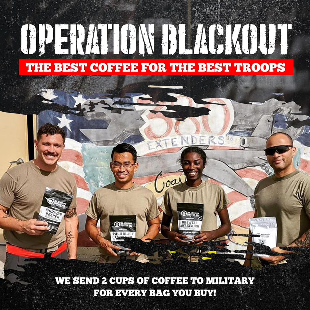 Blackout Coffee Brewtal Awakening support troops messaging on packaging