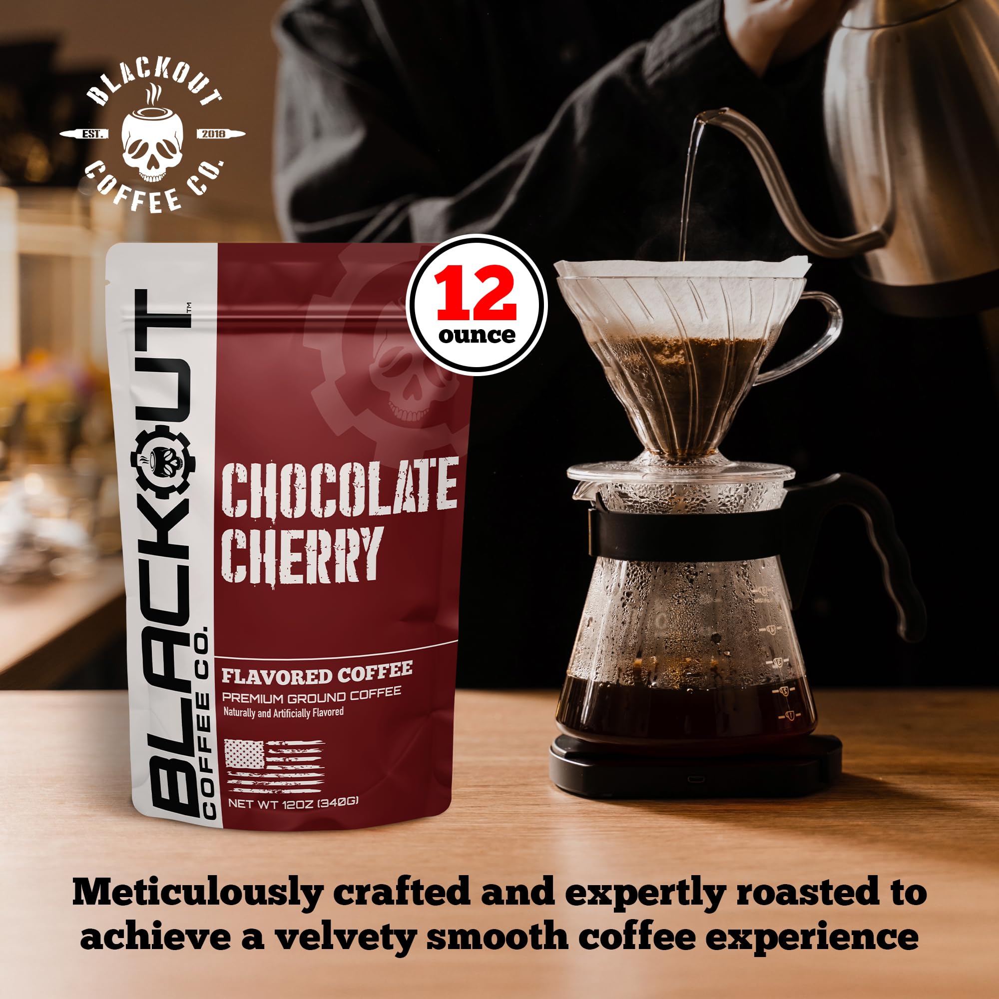 Brewed cup of Blackout Coffee Chocolate Cherry with inviting aroma.