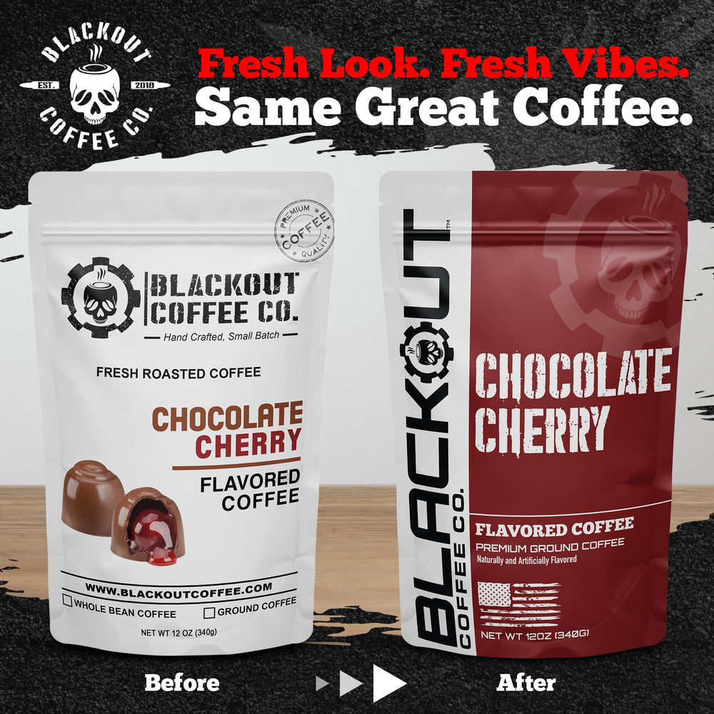 Blackout Coffee Chocolate Cherry beans close-up highlighting premium Arabica for a rich, balanced cup.