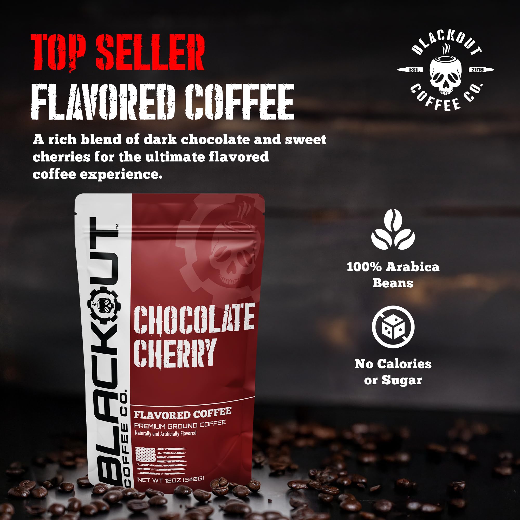 Blackout Coffee Chocolate Cherry pre-ground for quick brewing and versatile use.