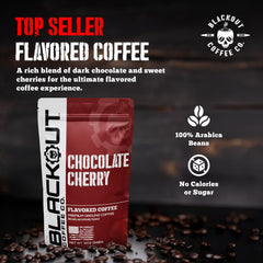 Blackout Coffee Chocolate Cherry pre-ground for quick brewing and versatile use.