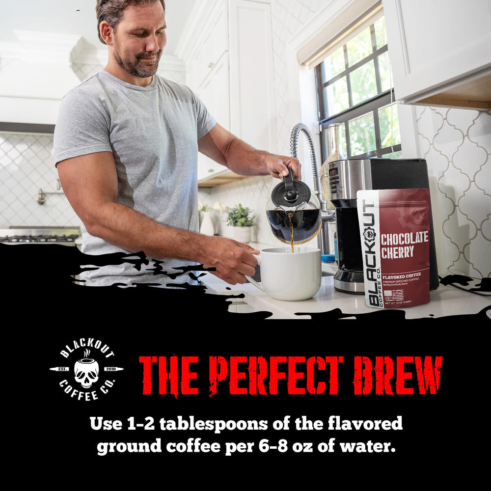 Lifestyle scene with Blackout Coffee Chocolate Cherry emphasizing energy and flavor.
