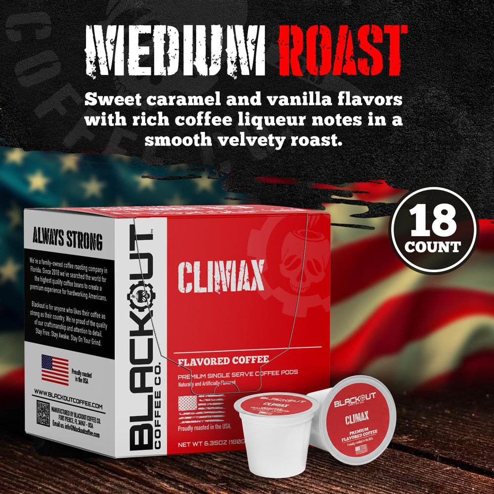 Blackout Coffee CLIMAX packaging shows easy single-serve convenience