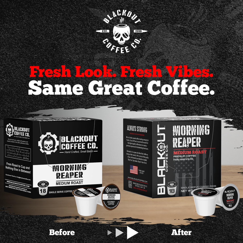 Blackout Coffee Co Morning Reaper pods packaging shows quick, mess-free brewing for busy mornings.