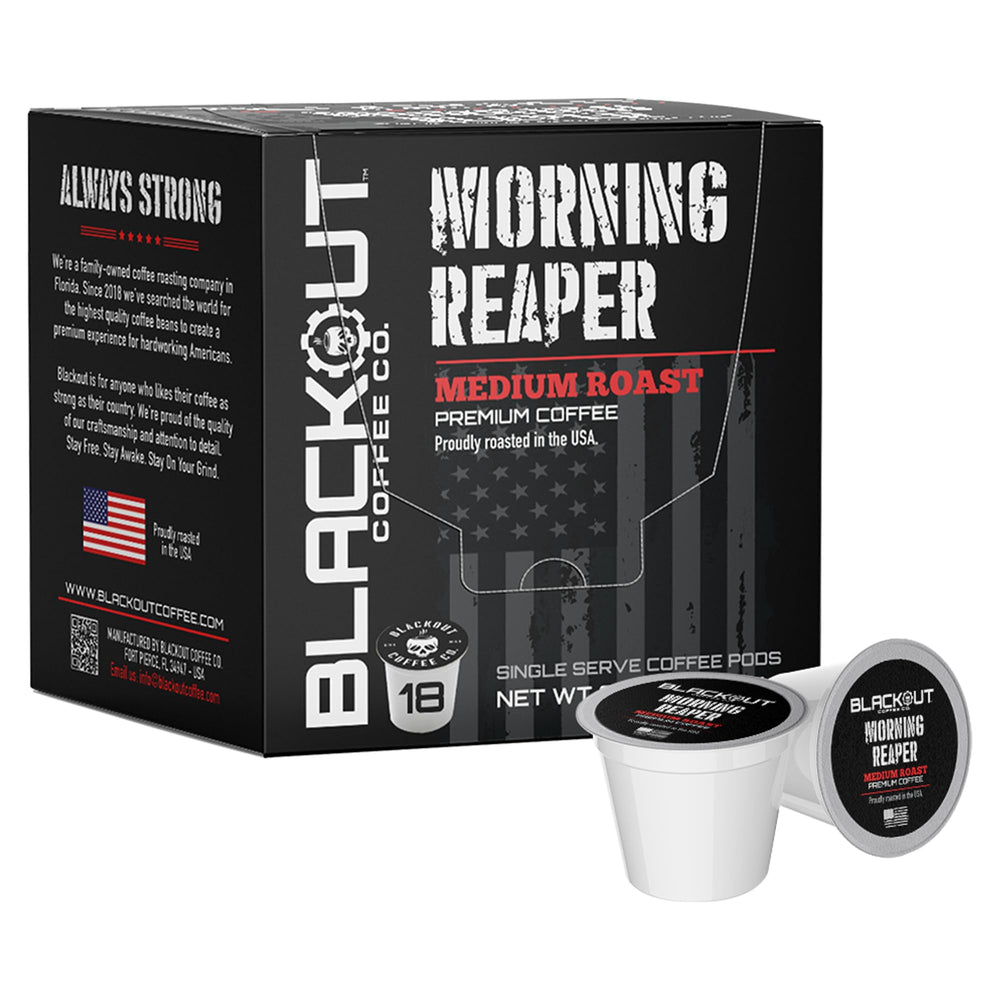 Blackout Coffee Co Morning Reaper pods ready to brew, ideal for quick mornings.