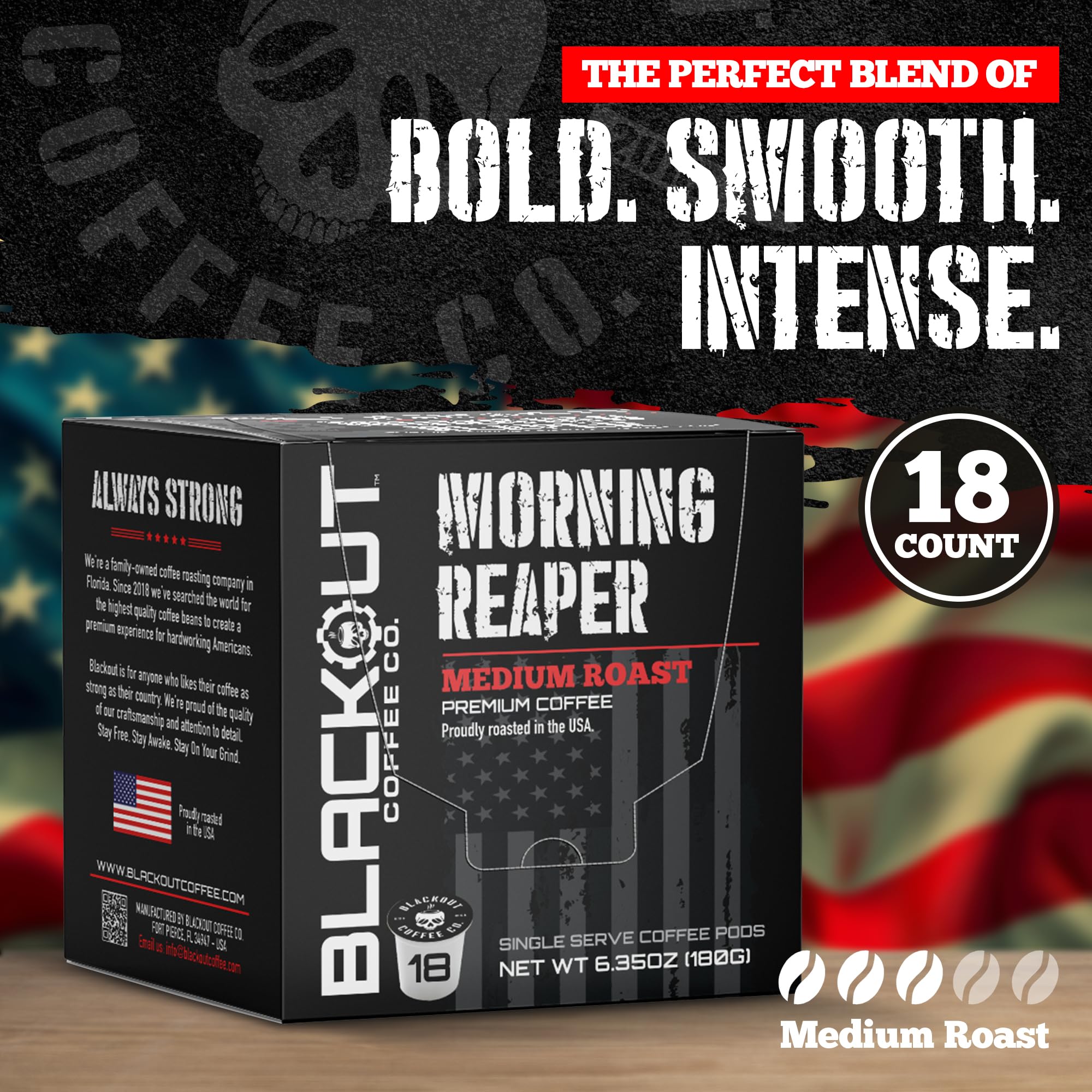 Blackout Coffee Co USA-roasted beans highlight American-made quality and freshness.
