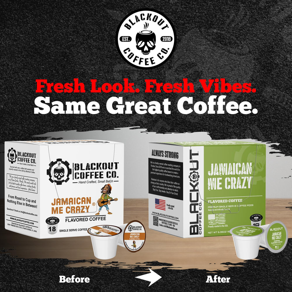 Blackout Coffee Co. Jamaican Me Crazy pods in cup with steam curling to invite aroma