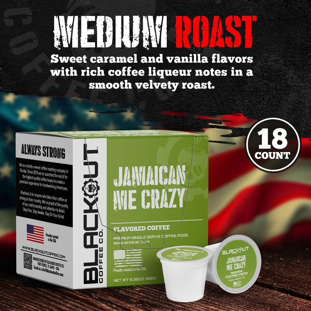 Blackout Coffee Co. Jamaican Me Crazy pods shown in original packaging on white surface