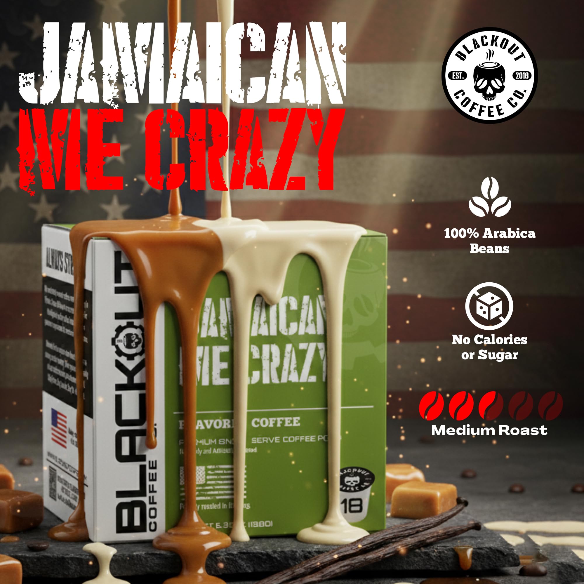 Blackout Coffee Co. Jamaican Me Crazy pods alongside box demonstrating K-Cup compatibility