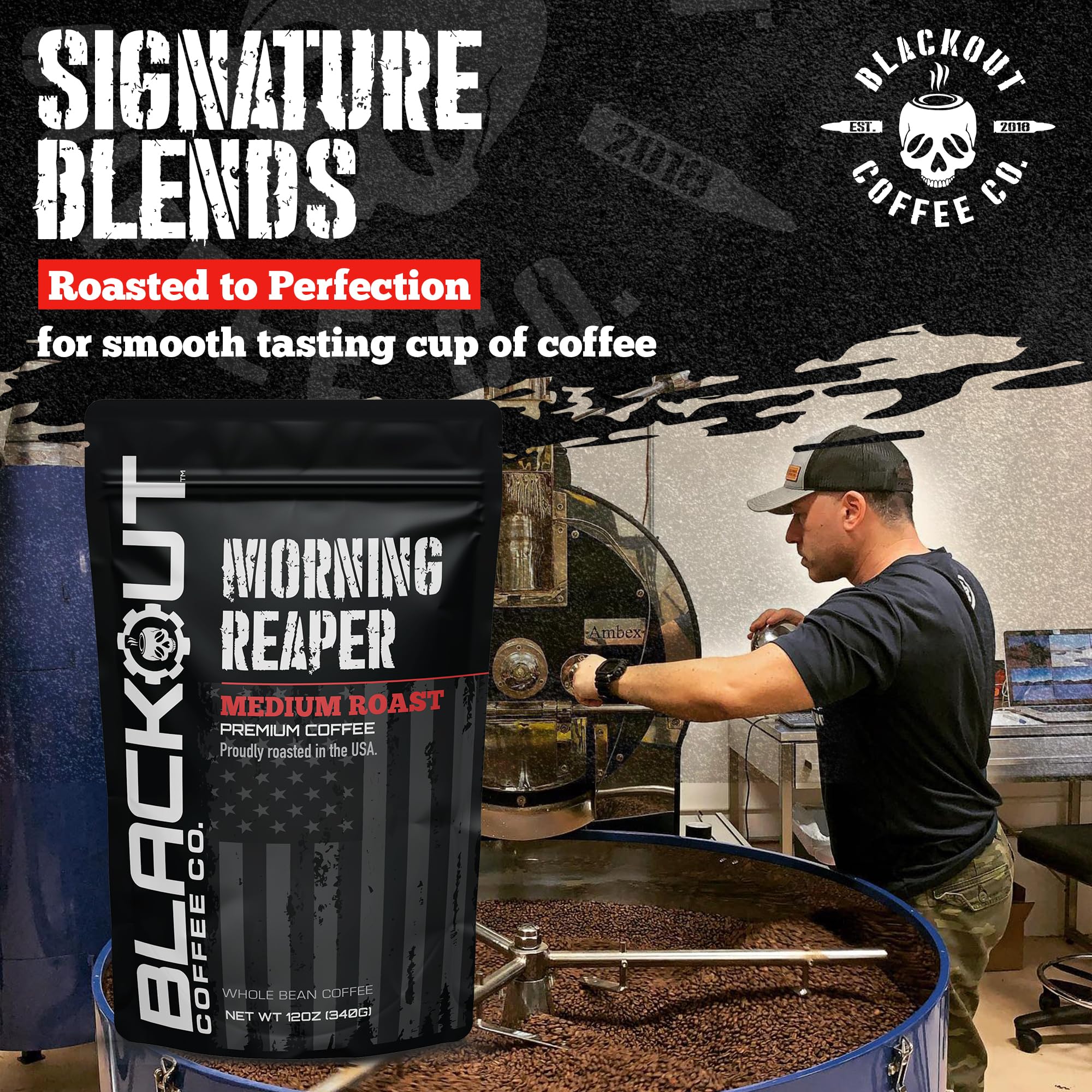 Blackout Coffee Morning Reaper bag closeup emphasizes American craftsmanship.