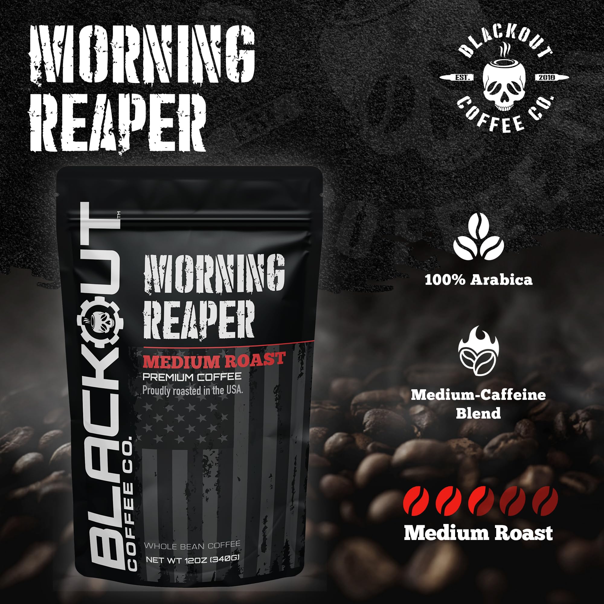 Blackout Coffee Morning Reaper roasted beans highlight premium quality.