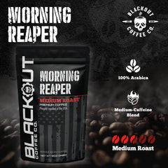 Blackout Coffee Morning Reaper roasted beans highlight premium quality.