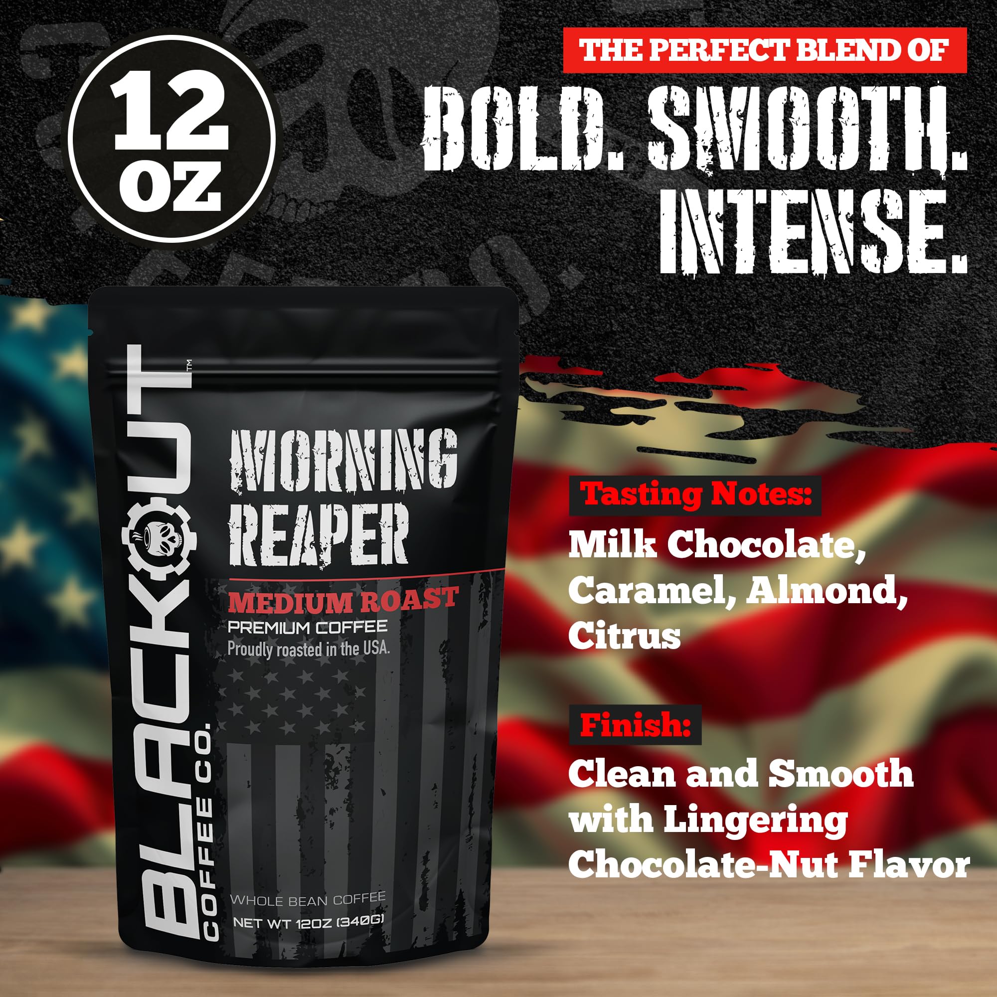 Blackout Coffee Morning Reaper steaming cup delivers bold aroma.