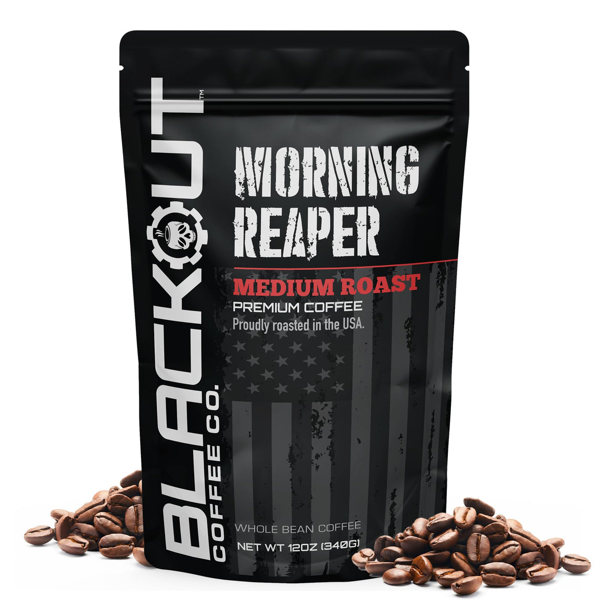 Blackout Coffee Morning Reaper whole bean bag ready for peak aroma.
