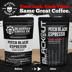 Blackout Coffee Pitch Black Espresso cup highlighting intense aroma and rich crema.