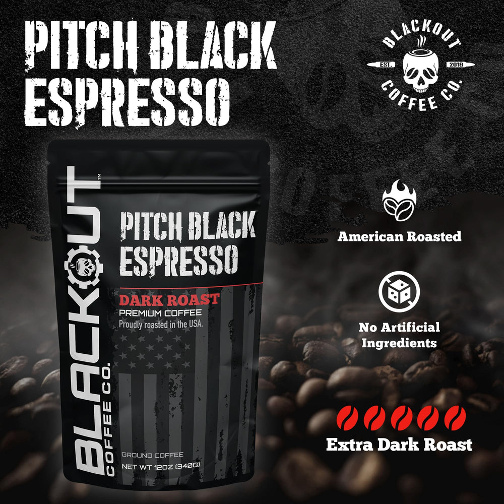 Blackout Coffee Pitch Black label highlights small-batch American roasting quality.