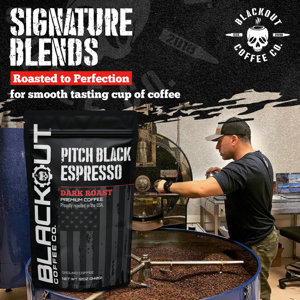 Pitch Black grounds in a cup releasing aromatic steam with chocolate notes.