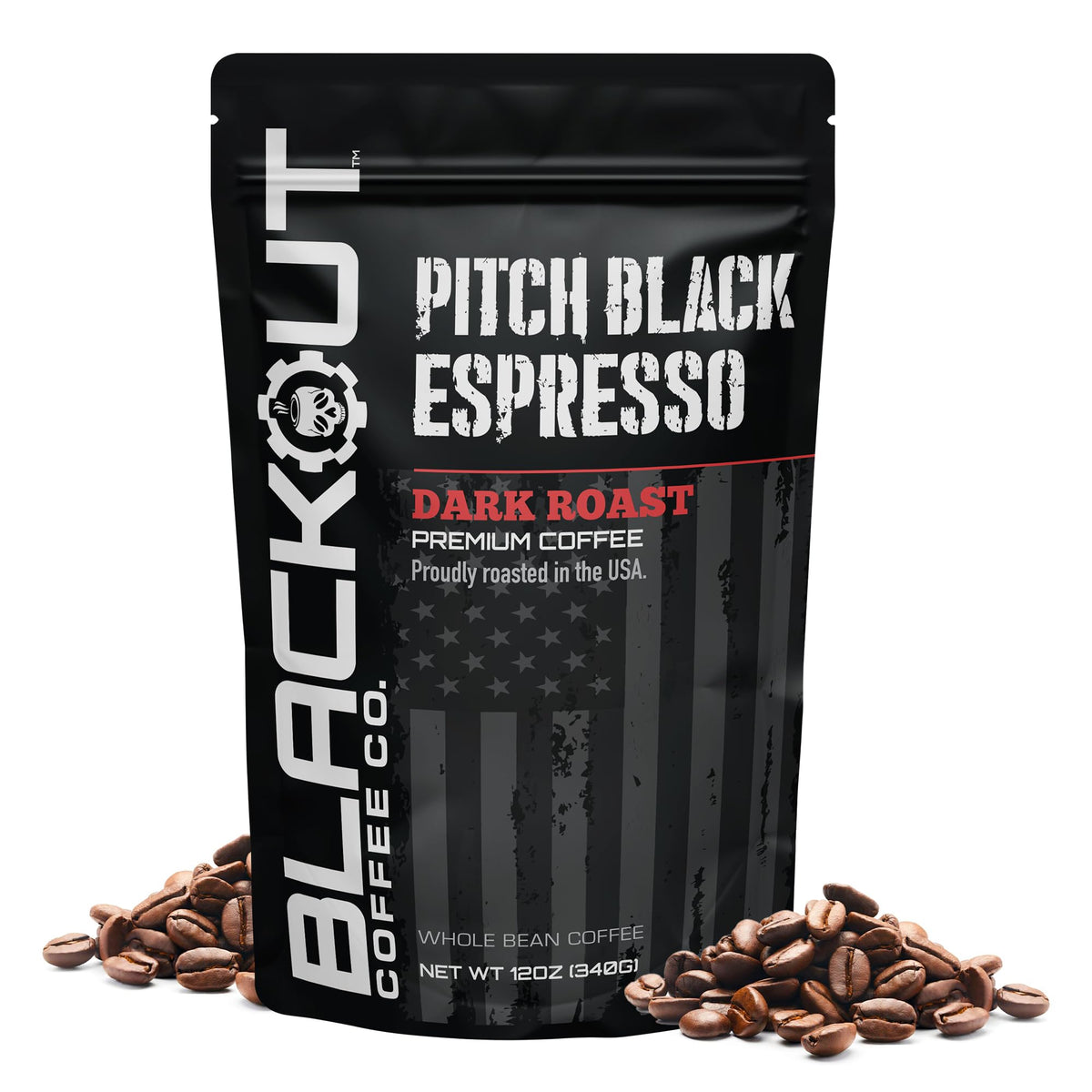 Blackout Coffee Pitch Black Espresso whole beans for ultra-fresh grind and bold, aromatic espresso.