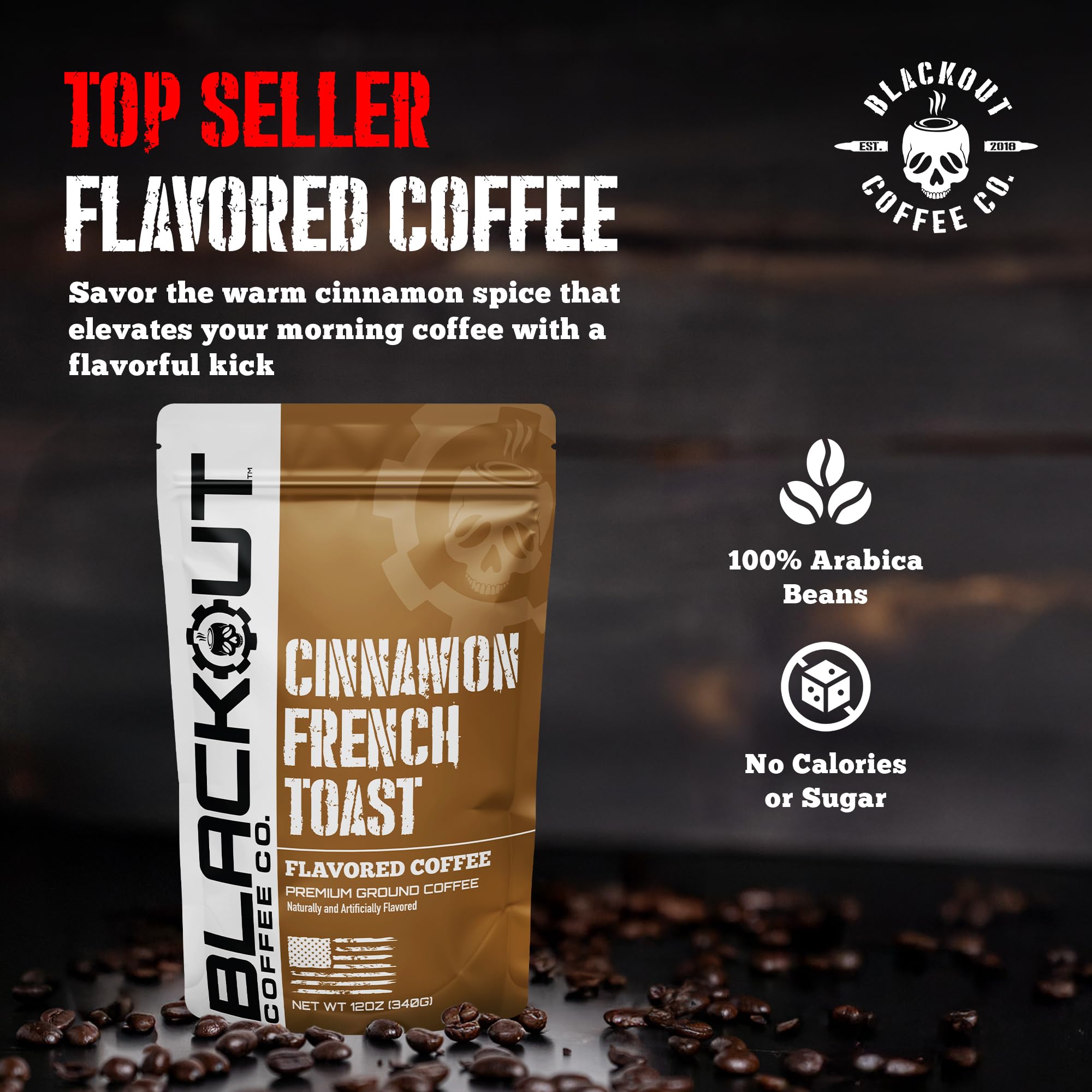 Blackout Coffee roasted in America label highlighting fresh, American-made beans