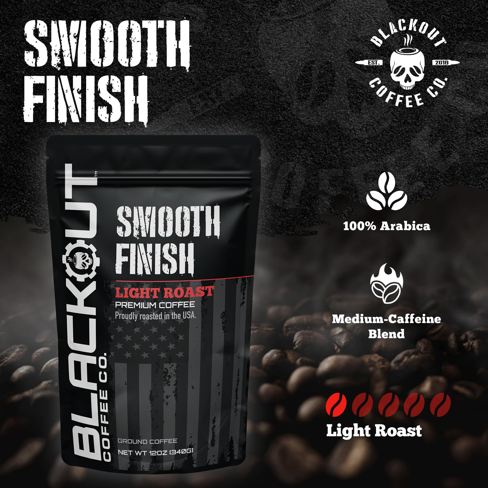 Close-up of Blackout Coffee Co. Smooth Finish small-batch roast