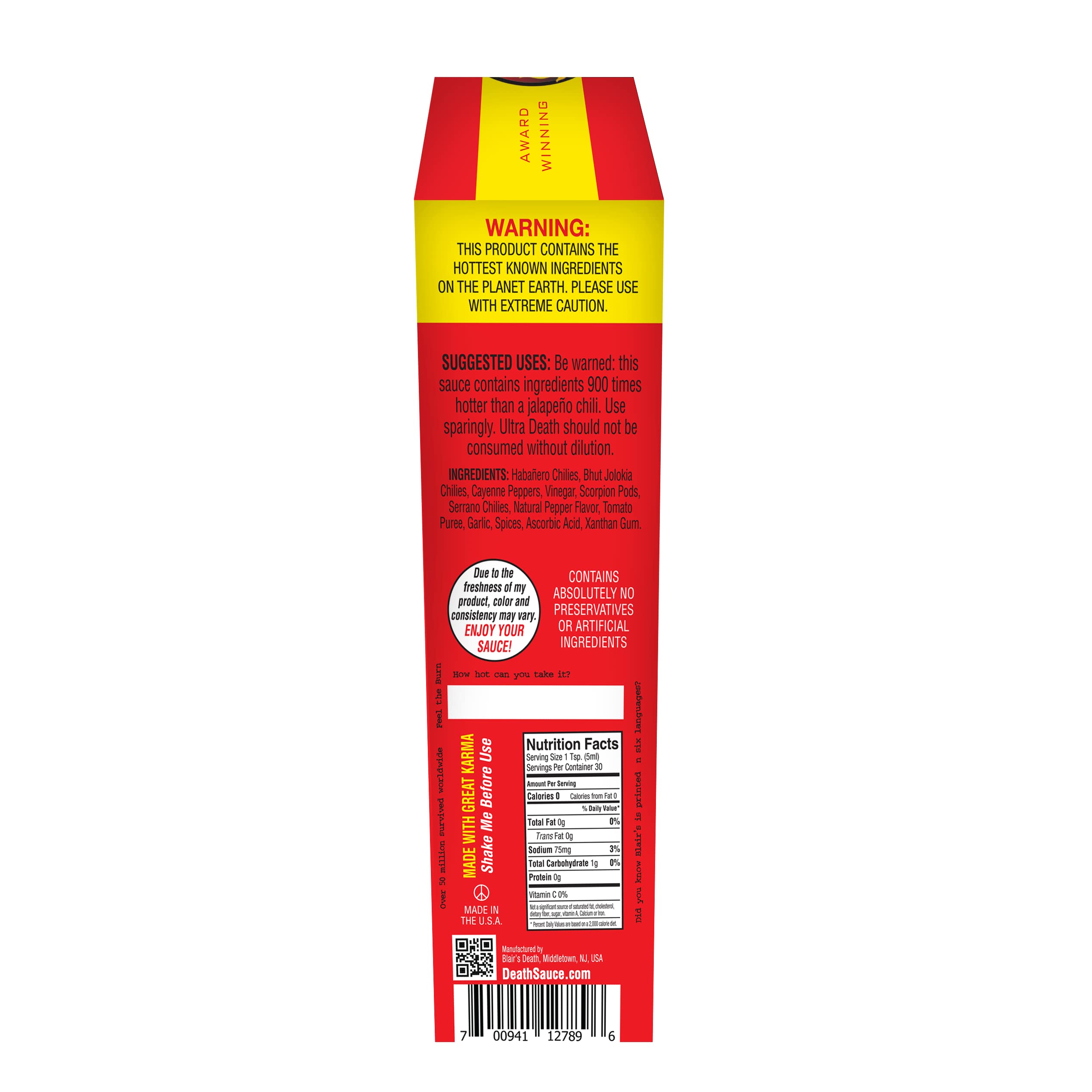 Blair's Ultra Death Sauce ingredients swirl showcases habanero, Jolokia and scorpion peppers.