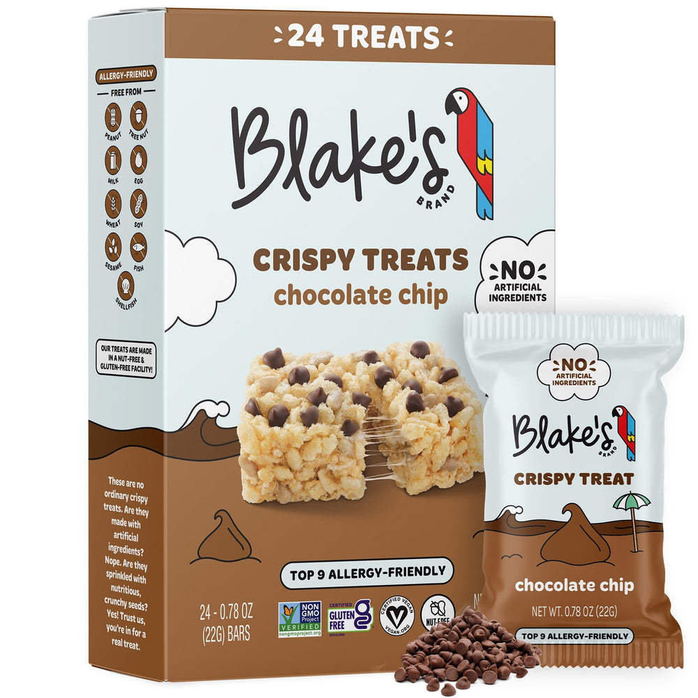 Blake’s Seed Based Crispy Treats Chocolate Chip bar wrapped for lunchbox snacking.