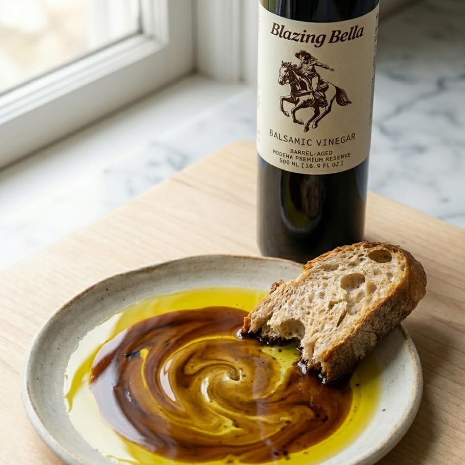 Blazing Bella glass bottle close-up highlights authentic Modena aging.