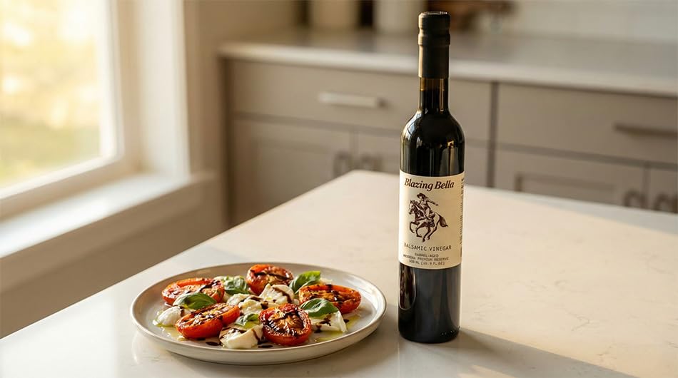 Blazing Bella balsamic on salad adds balanced flavor and brightness.
