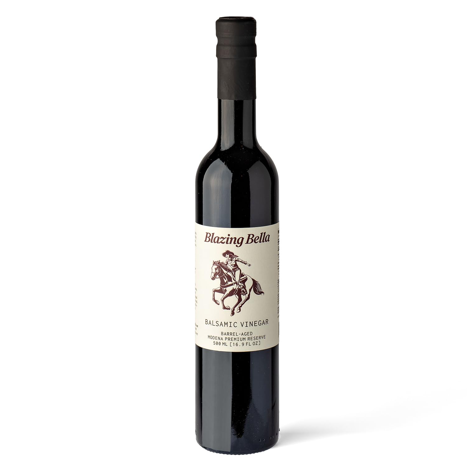 Blazing Bella bottle showcases barrel aged balsamic's rich depth for everyday cooking.