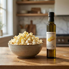 Blazing Bella Butter Olive Oil drizzle over popcorn for depth and flavor