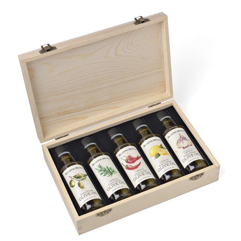 Blazing Bella gift set lineup of five olive oil bottles for flavor versatility.
