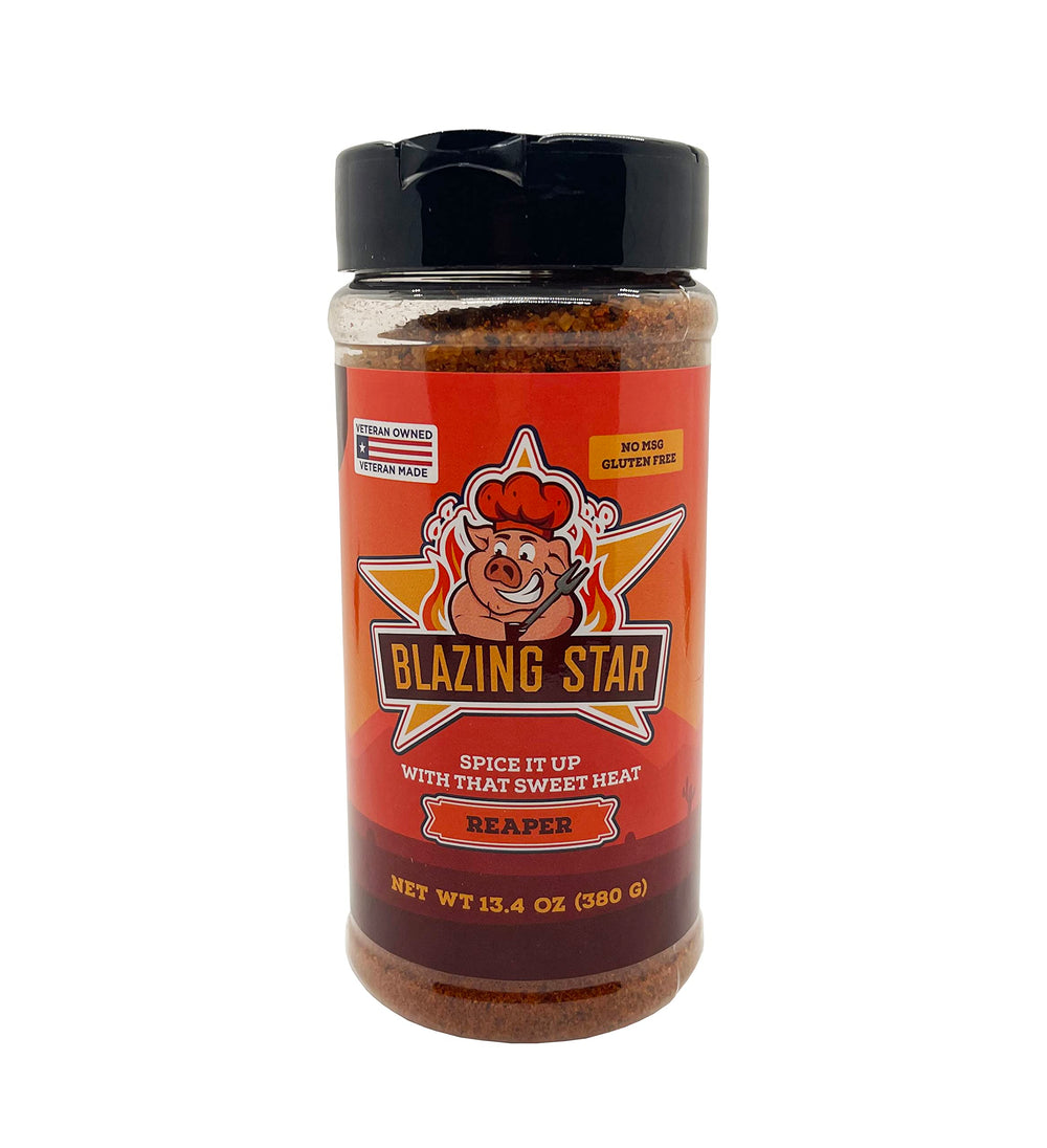 Blazing Star BBQ Reaper Rub bottle front—bold heat with balanced sweetness for all proteins.