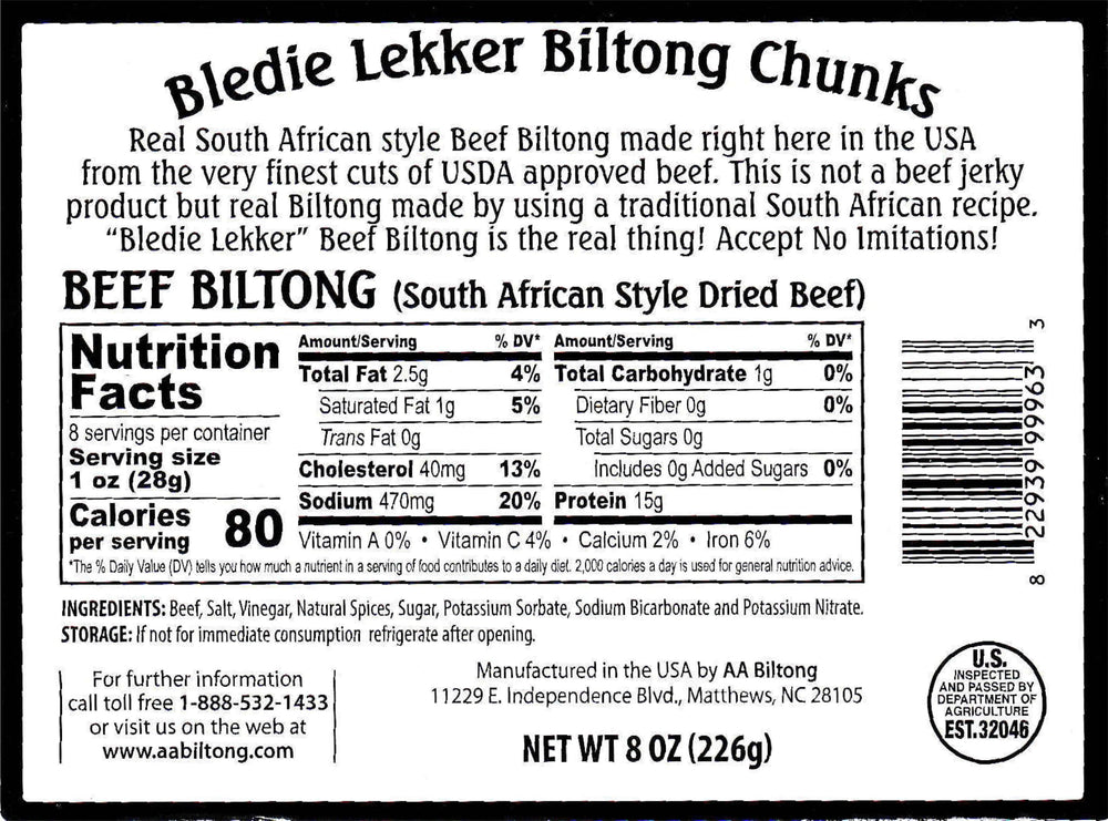 Bledie Lekker Biltong Chunks close-up texture highlighting chewy, flavorful beef.