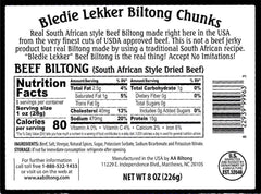 Bledie Lekker Biltong Chunks close-up texture highlighting chewy, flavorful beef.
