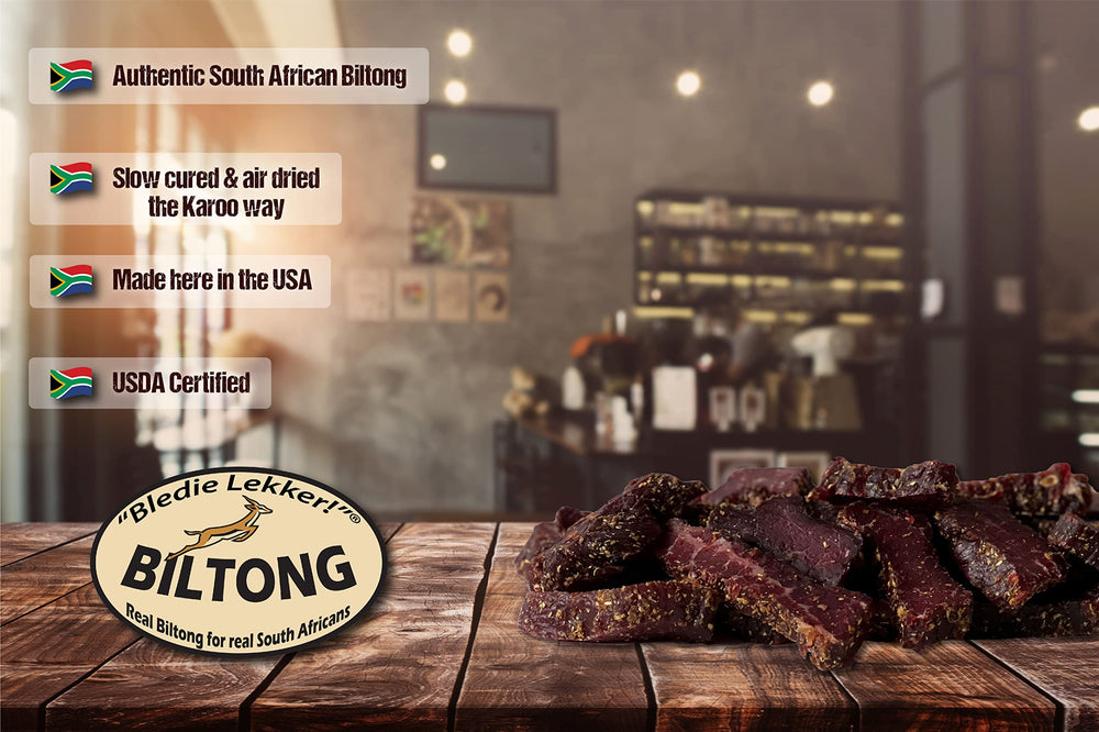 Bledie Lekker Biltong Chunks ingredients label showing USDA approval and shelf-stable format.