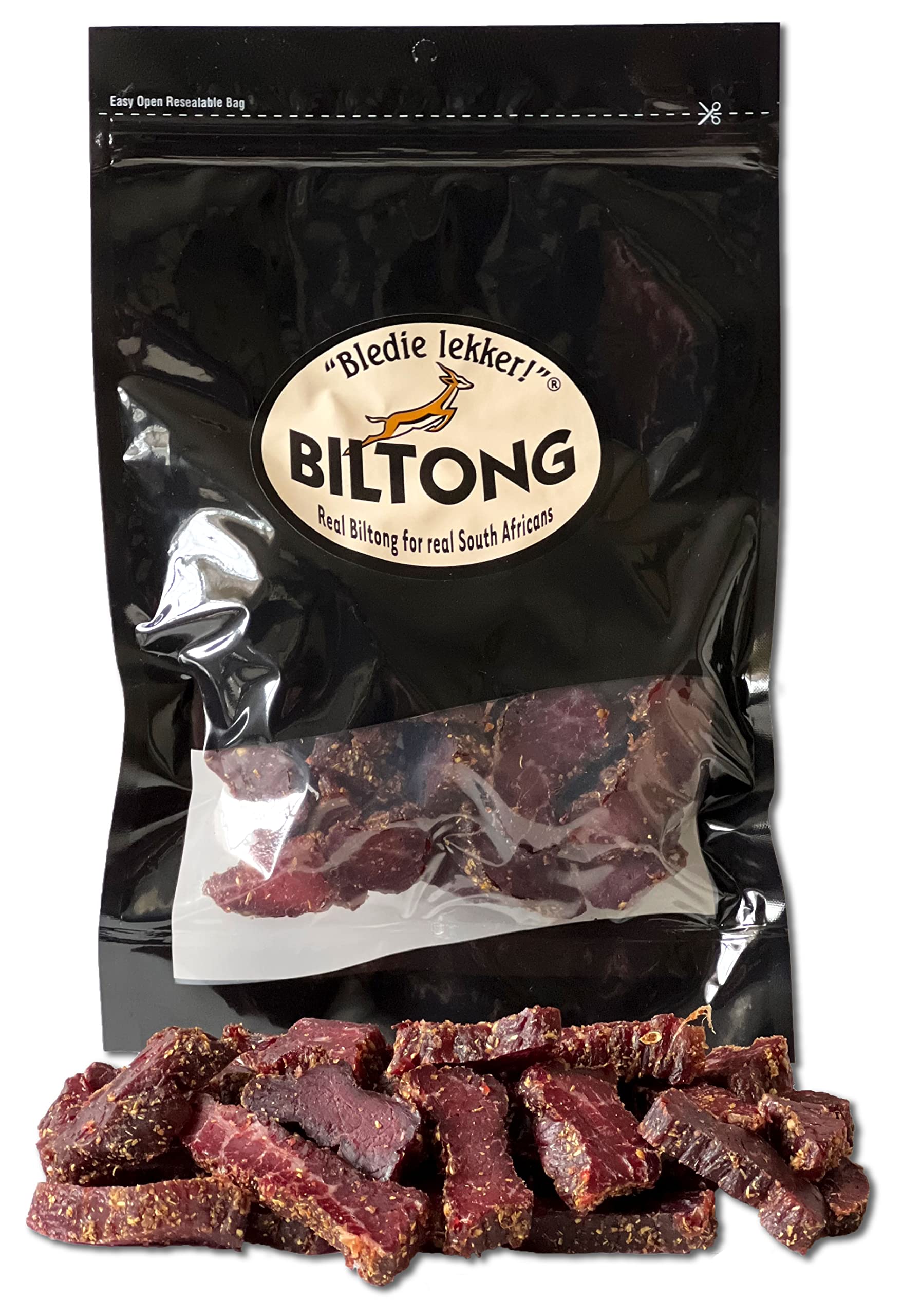Bledie Lekker Biltong Chunks 8oz front view; premium SA beef snack for on-the-go.