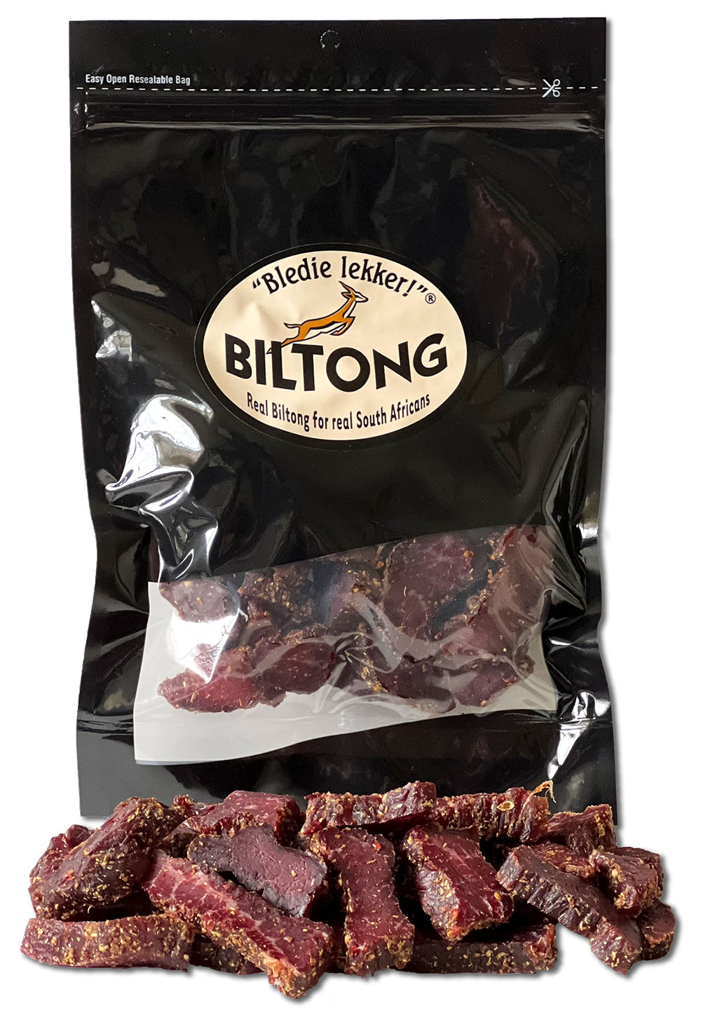 Bledie Lekker Biltong Chunks 8oz front view; premium SA beef snack for on-the-go.
