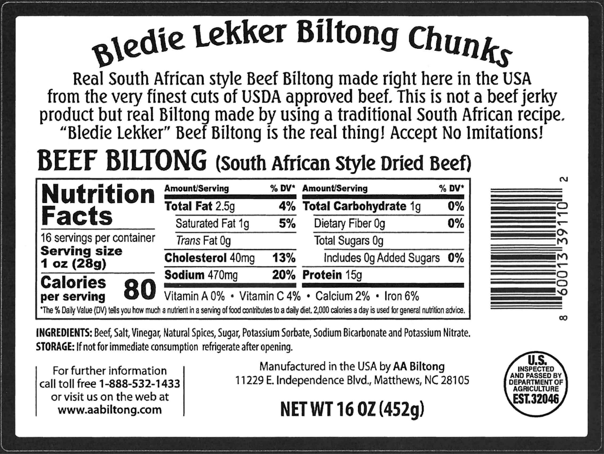 Bledie Lekker biltong chunks, USA-made beef snack ready to enjoy.