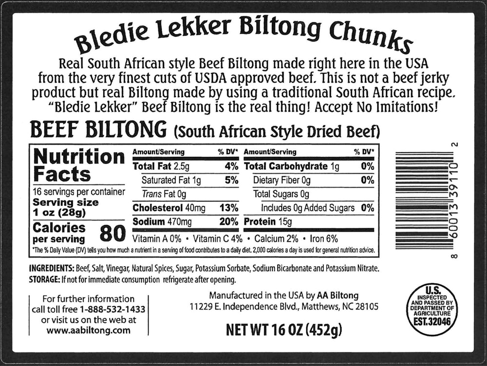 Bledie Lekker biltong chunks, USA-made beef snack ready to enjoy.