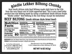 Bledie Lekker biltong chunks, USA-made beef snack ready to enjoy.