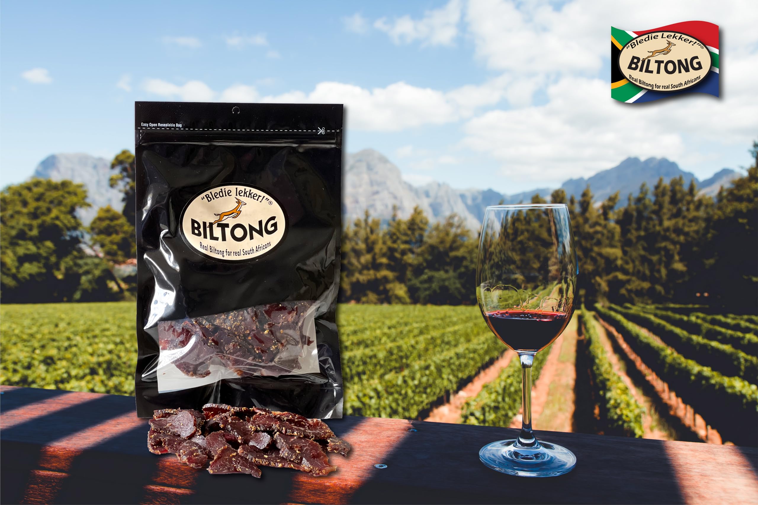 Closeup of Bledie Lekker biltong slices reveals authentic South African flavor.