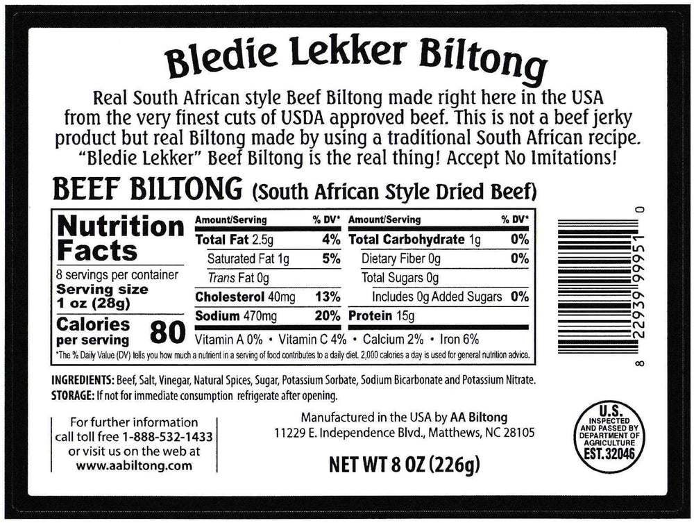 Bledie Lekker Sliced Biltong 8oz opened tray showing lean slices for protein.