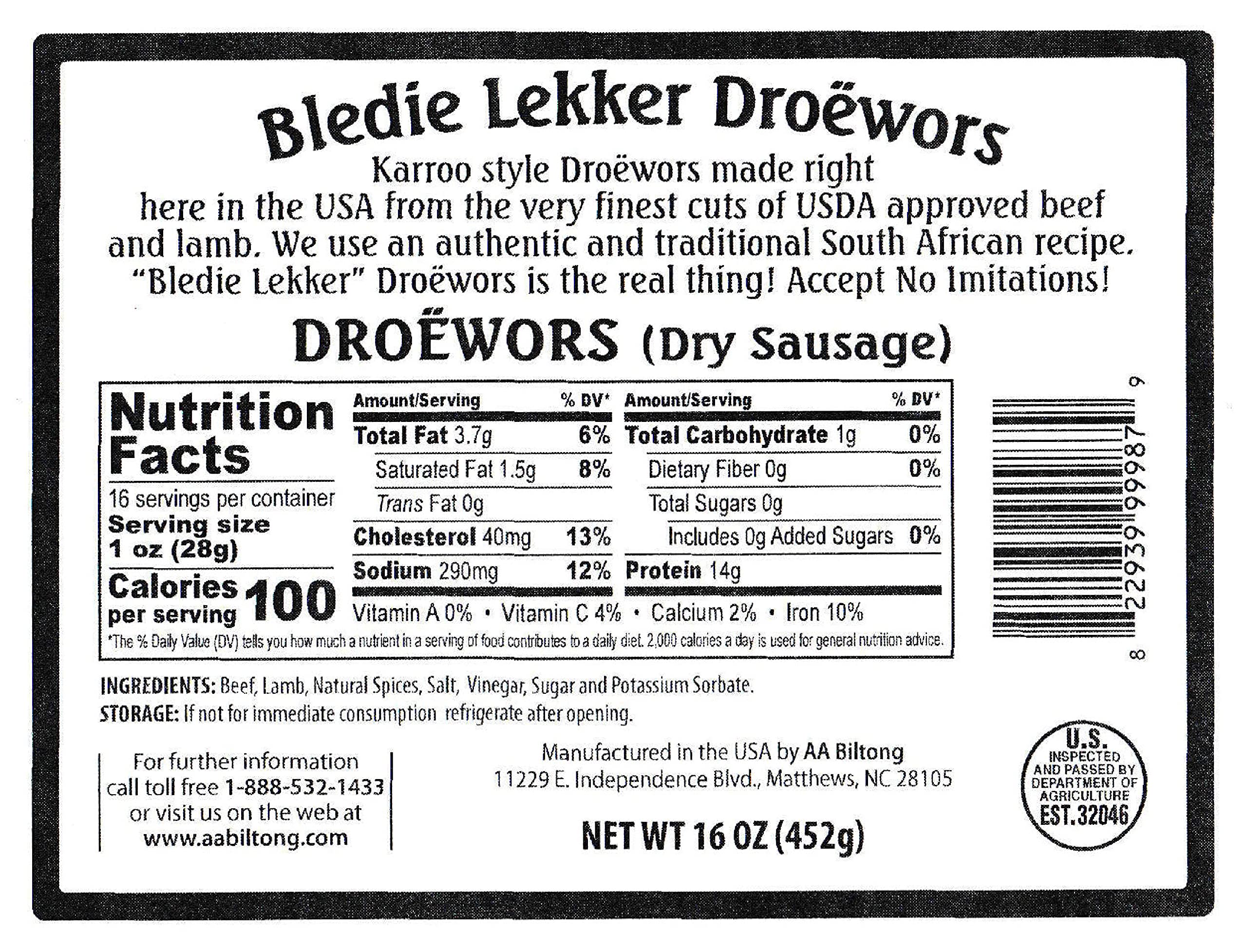 Bledie Lekker Droewors back label shows USDA certification for quality.