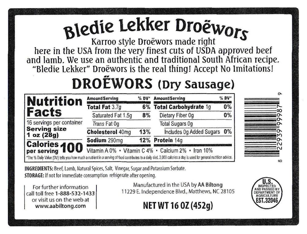 Bledie Lekker Droewors back label shows USDA certification for quality.