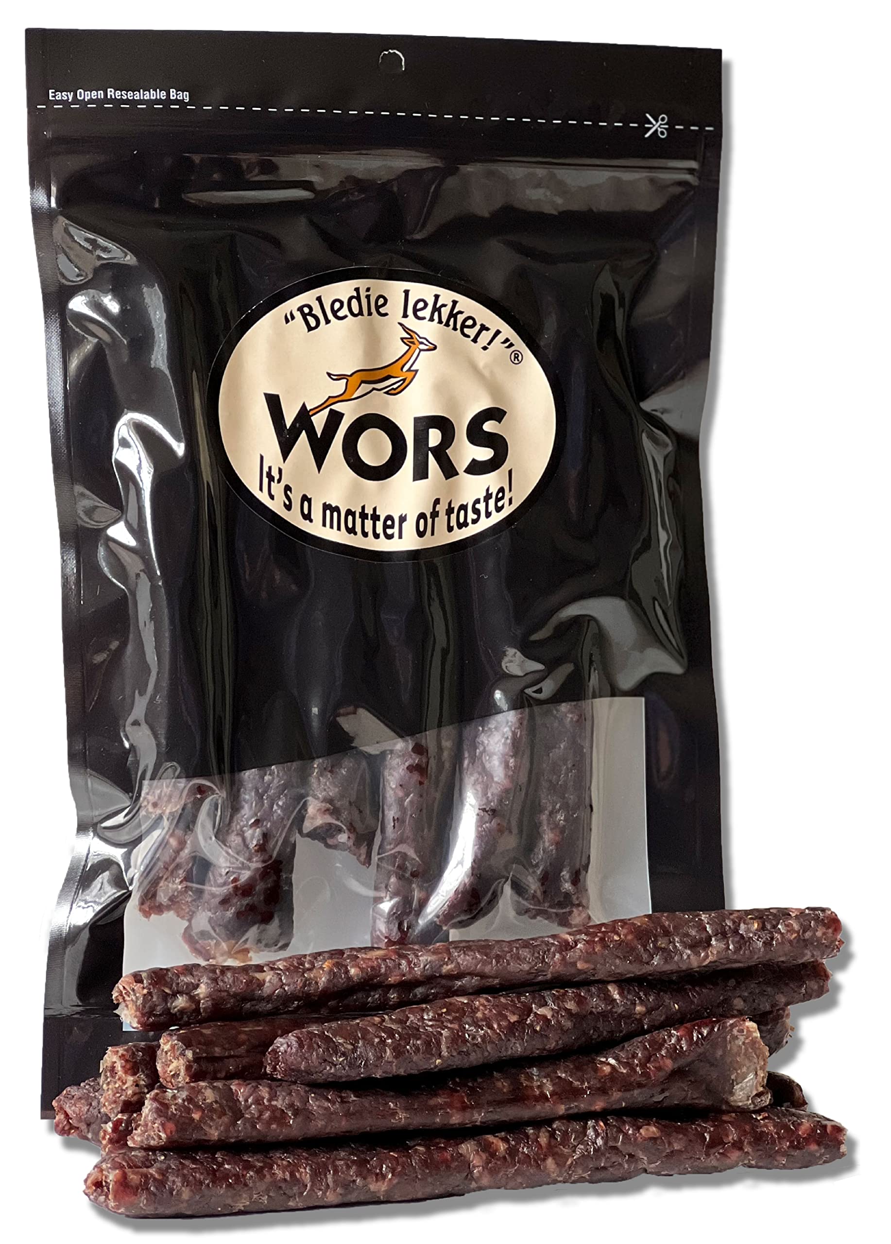 Bledie Lekker Droewors resealable bag front view for easy trail snacking.