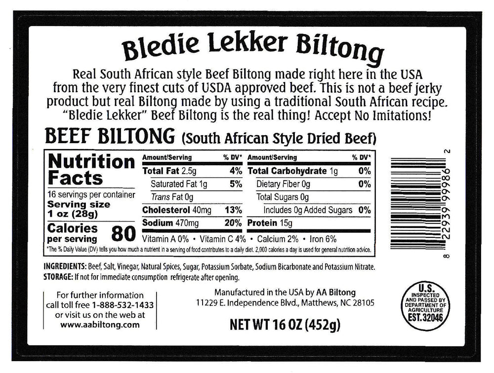 Bledie Lekker biltong bag back showing resealable seal and brand details