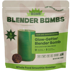 Blender Bombs Glow Getter Smoothie Booster jar ready to pour for vibrant smoothies.